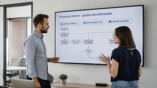 Deux professionnels échangent autour d’un processus de travail pour résoudre un problème de coordination entre services